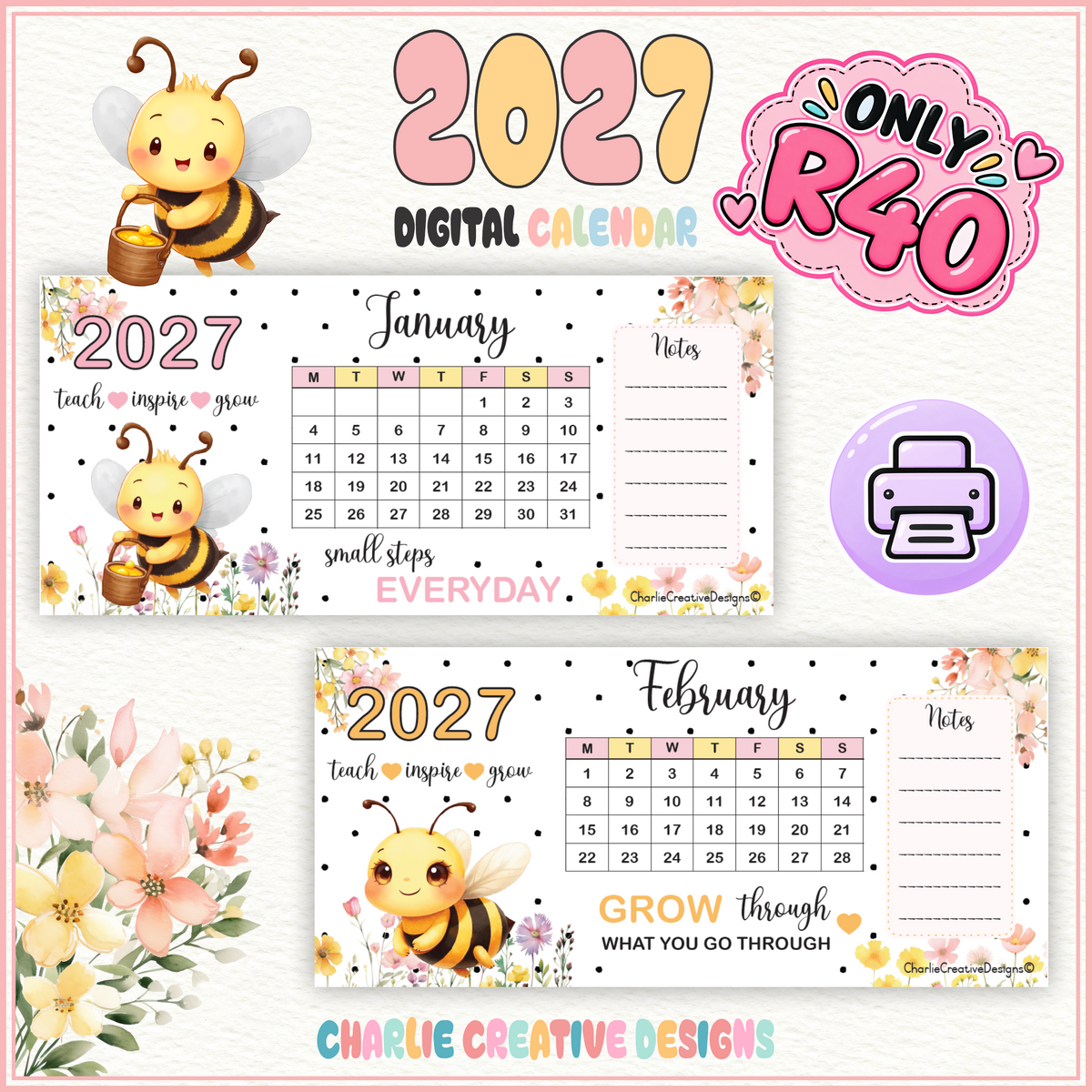 Bee and flower 2027 calendar