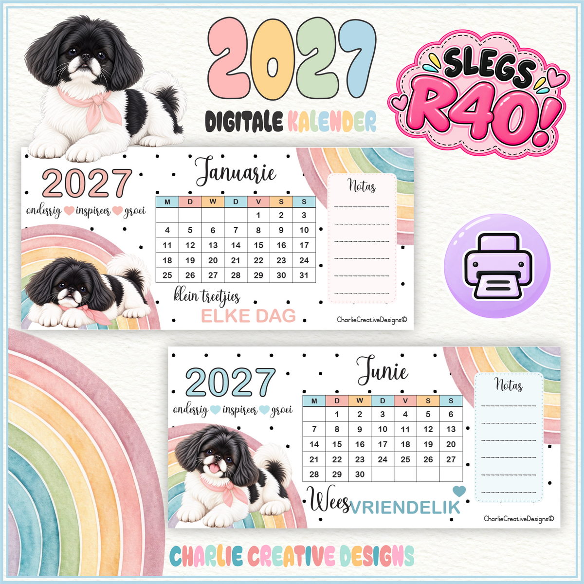 Pekingese en reënboog kalender 2027