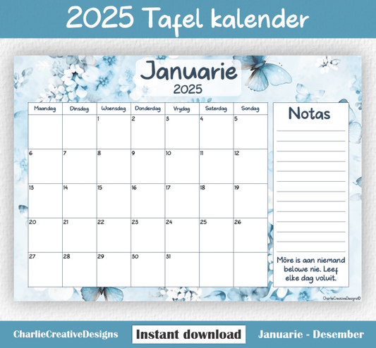 Blou blomme en skoenlappers kalender 2025