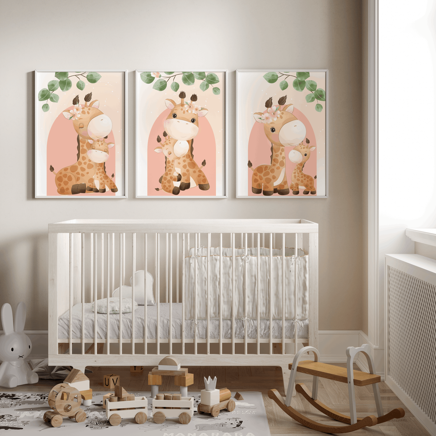 Nursery Wall Art Set - Digital Collection of 3 Prints - Pink Giraffe