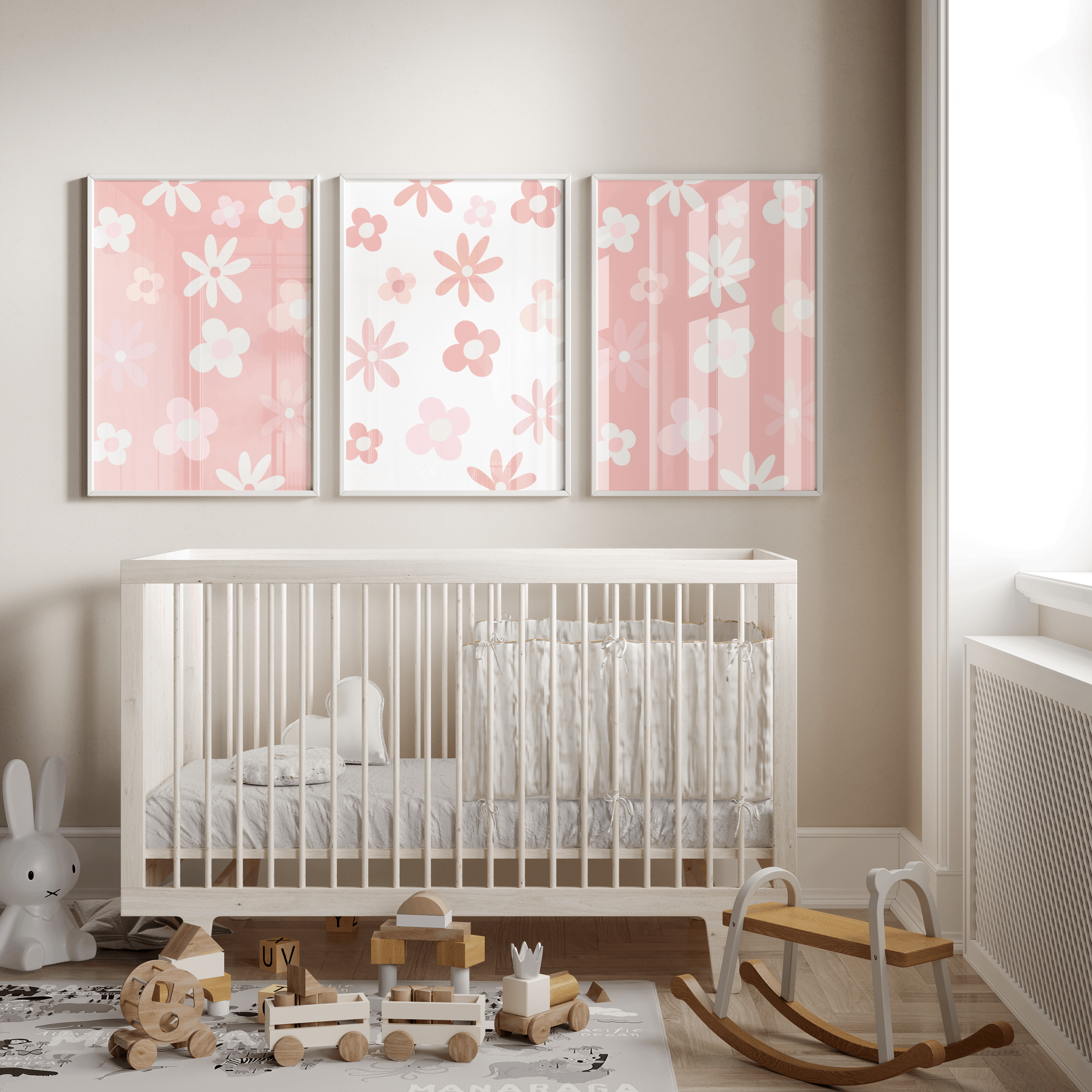 Nursery Wall Art Set - Digital Collection of 3 Prints - Pink Daisy ...
