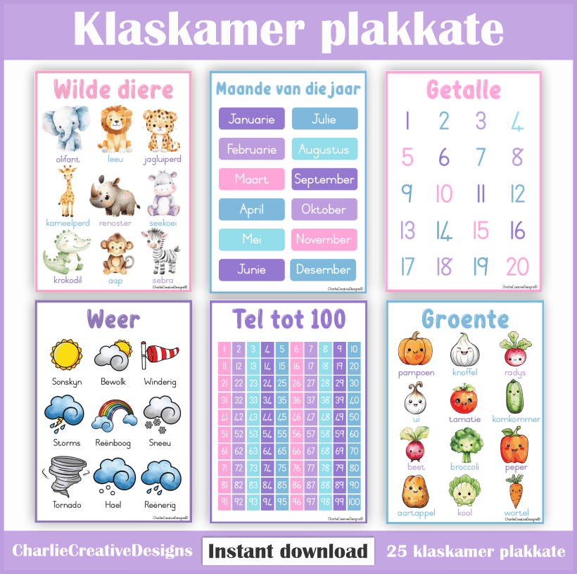 Klaskamer plakkate - Pers, pienk en blou