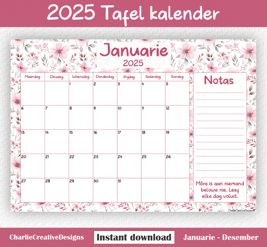 Pienk blomme kalender 2025