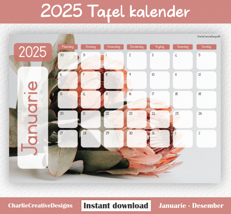 Pienk protea kalender 2025